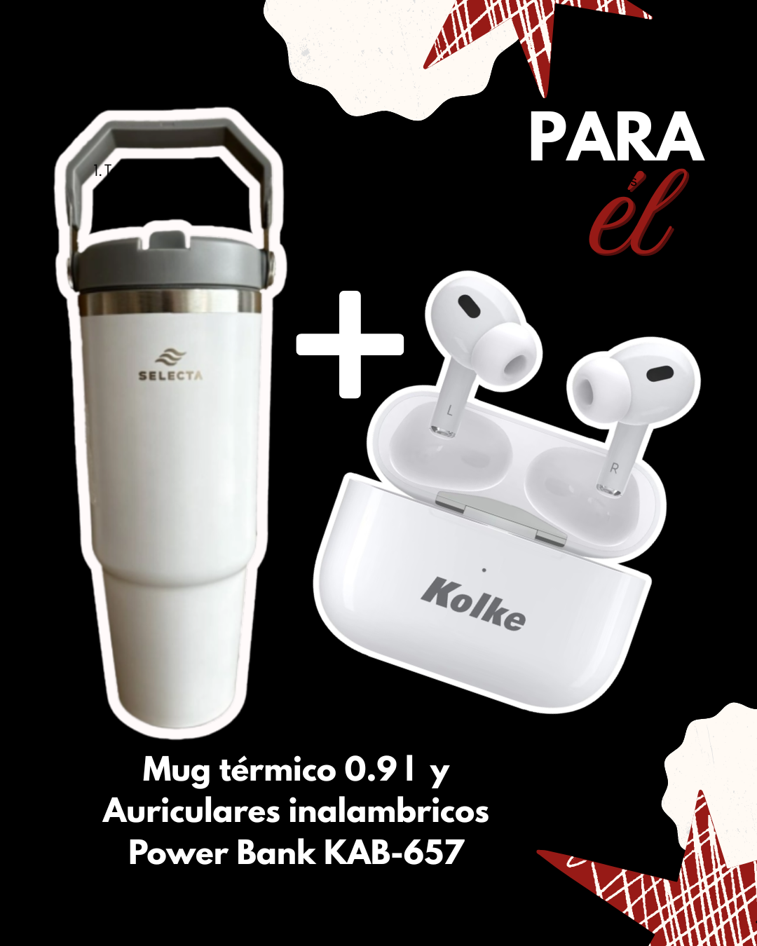 Mug térmico 0.9 l  y Auriculares inalambricos Power Bank KAB-657