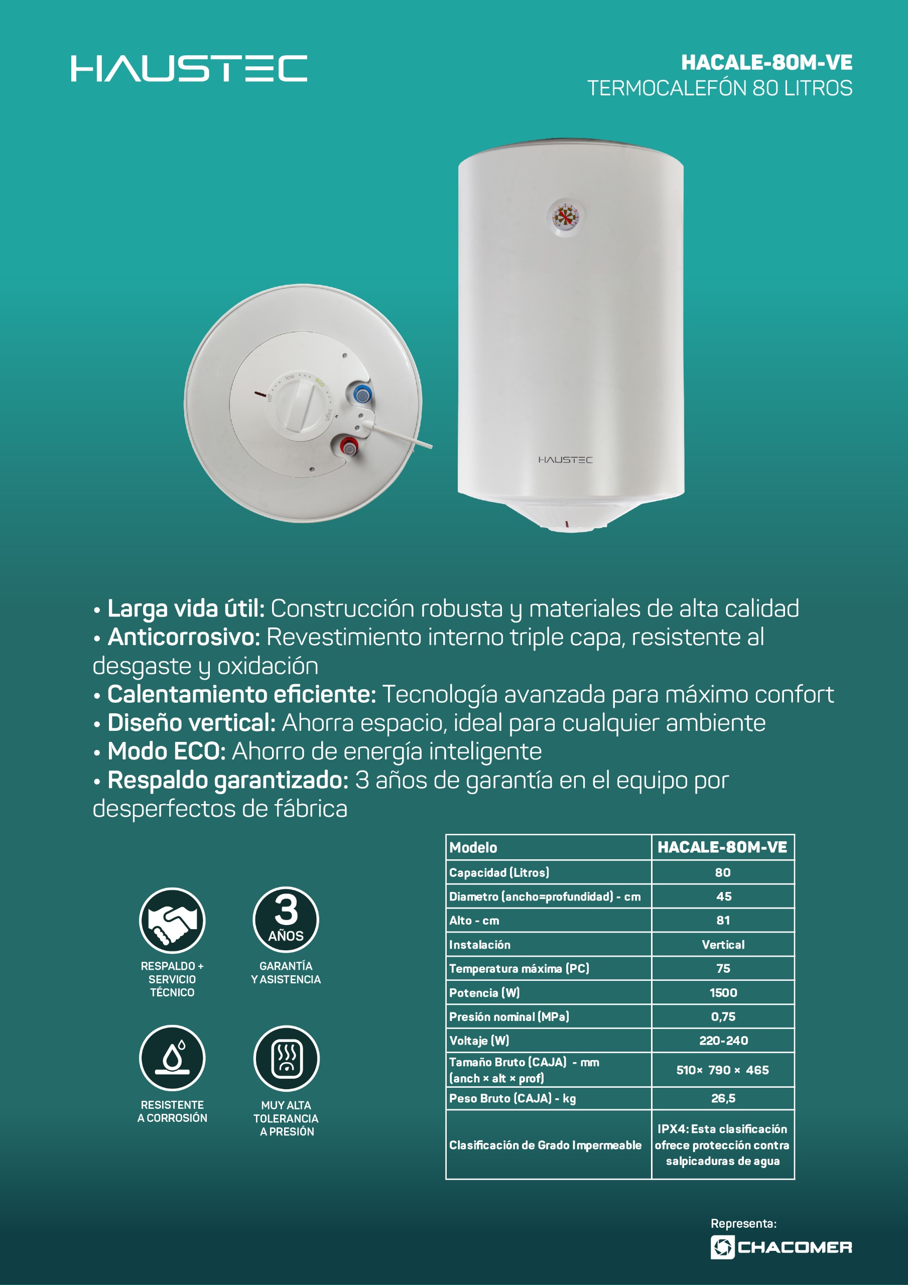 Termocalefón Haustec 80L Vertical HACALE-80M-VE